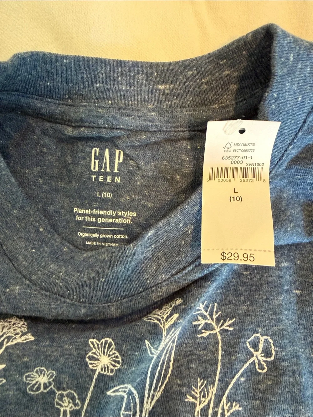 GAP Heathered Navy Blue Crewneck Sweatshirt with White Floral Line Art